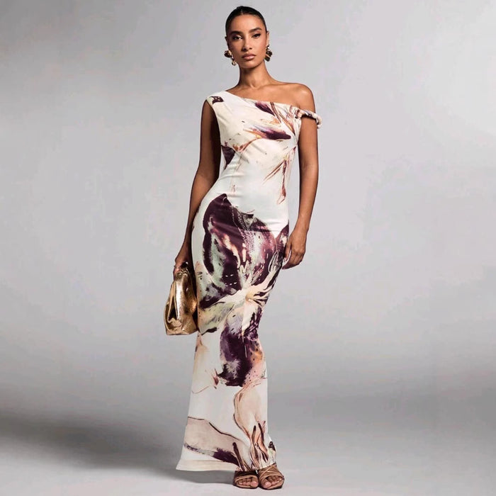 Printed Sleeveless Pleated One-Shoulder Slim-fit Maxi Dress