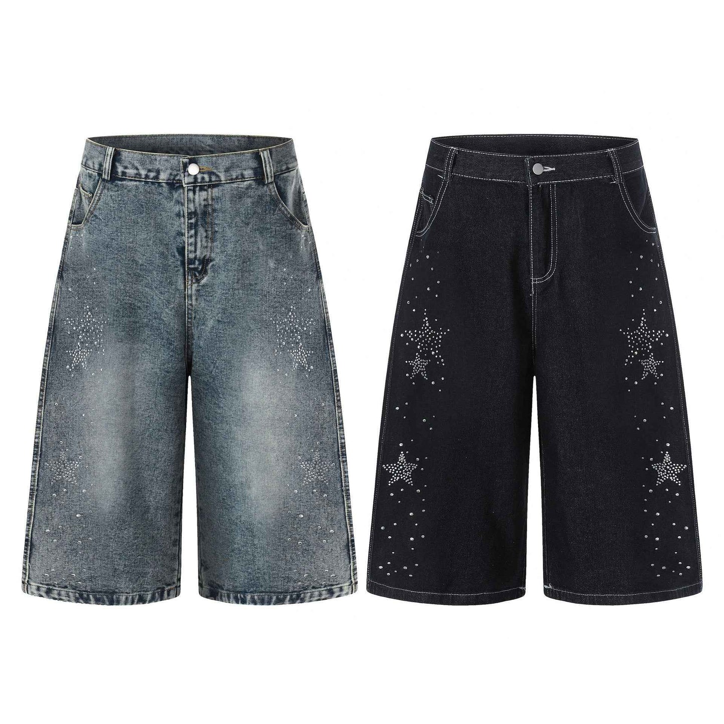Star-shaped Rhinestone Embellished Capri Denim Shorts Womens Loose-fit