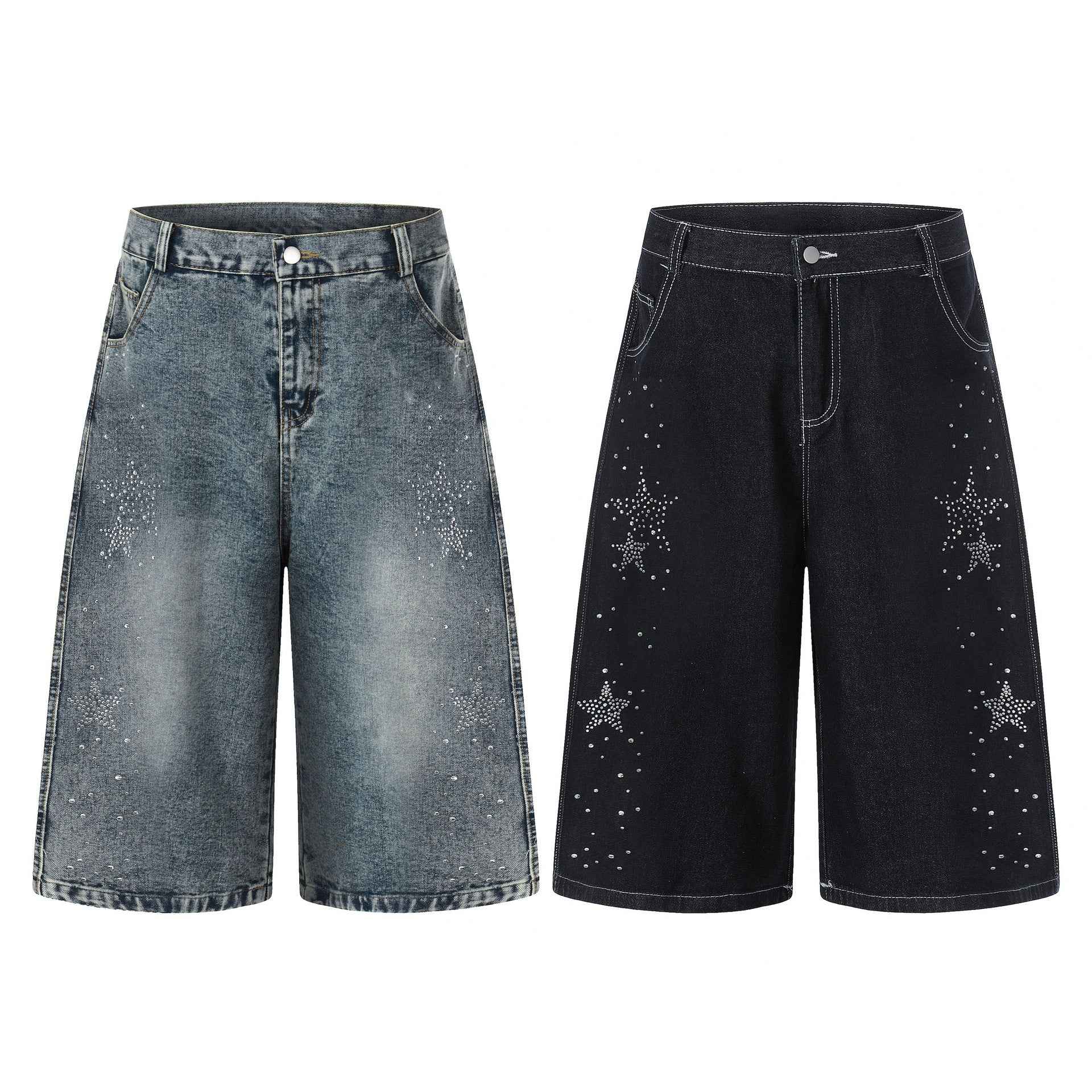 Star-shaped Rhinestone Embellished Capri Denim Shorts Womens Loose-fit