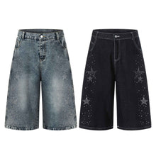 Star-shaped Rhinestone Embellished Capri Denim Shorts Womens Loose-fit