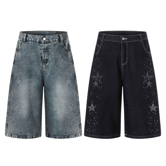 Star-shaped Rhinestone Embellished Capri Denim Shorts Womens Loose-fit