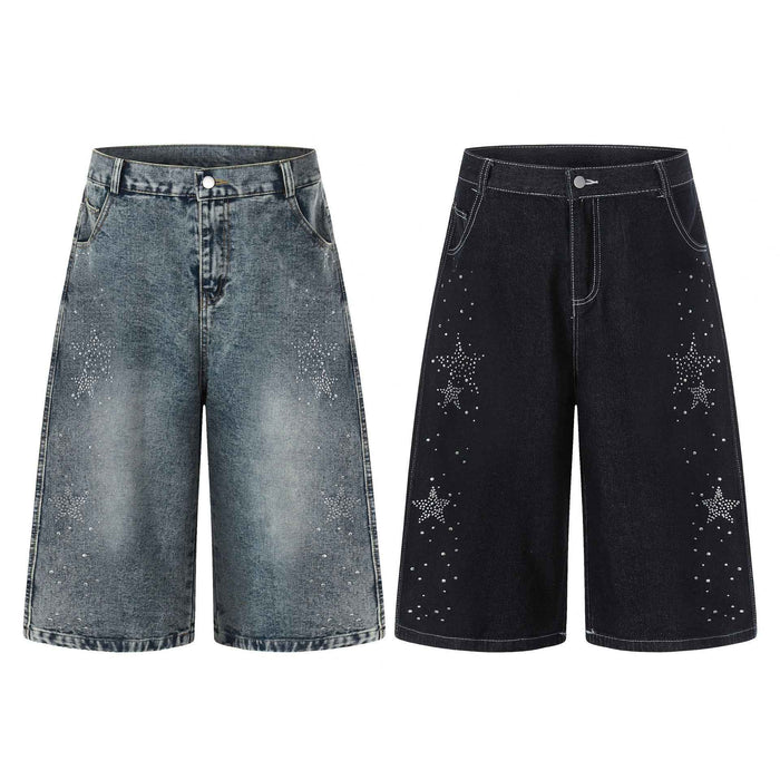 Shorts capri en jean pour femme, coupe ample, ornés de strass en forme d'étoiles