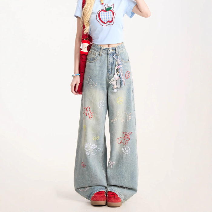 Cartoon Embroidered Jeans For Women