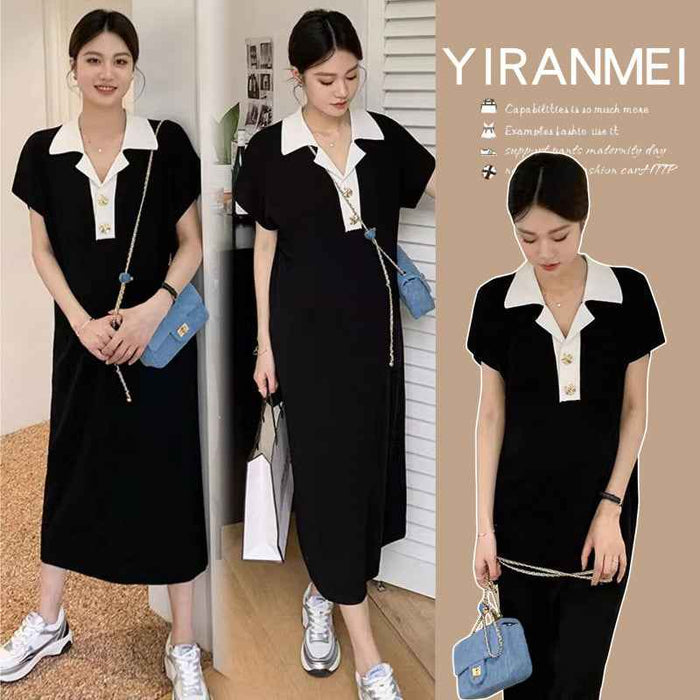 Artistic Korean-style Fashionable Elegant Lapel Maternity Dress