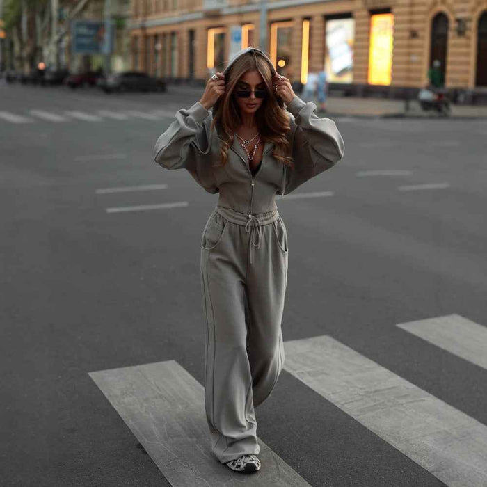 Women's Solid Color Zip-Up Hooded Sweater Set