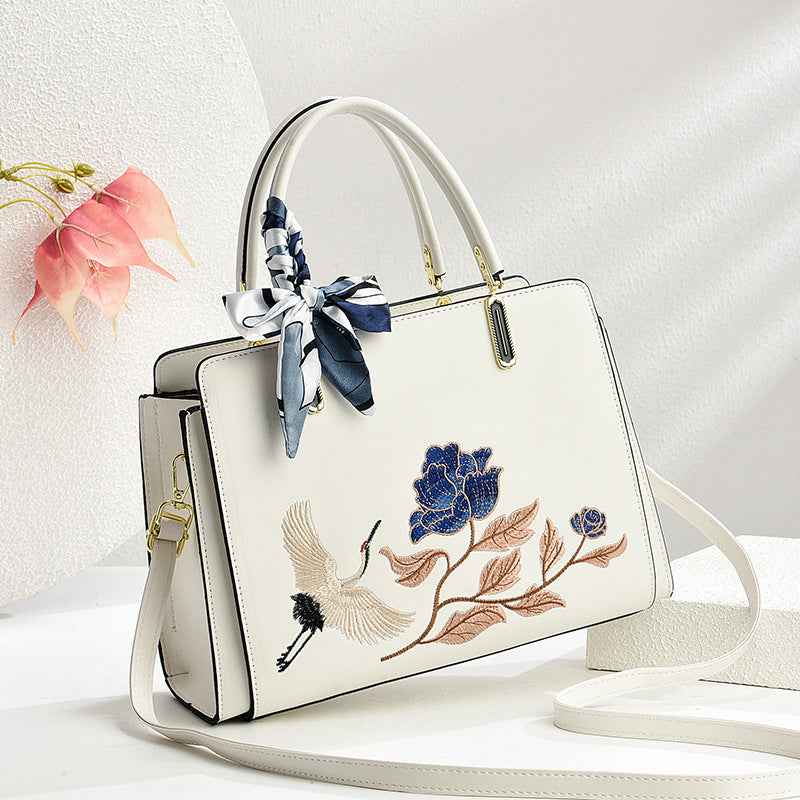 Womens New Chinese-Style National-Flair Embroidered Crane Fashion Crossbody Tote Bag