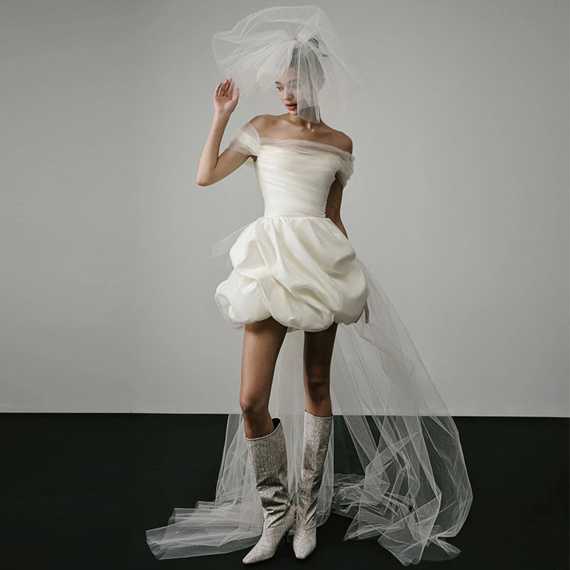 Off-shoulder Light Wedding Dress White Short by Mirlaine Univers