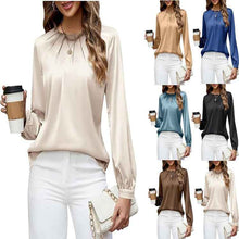 Womens Casual Pleated Long-Sleeve Top Satin Crew-Neck Shirt