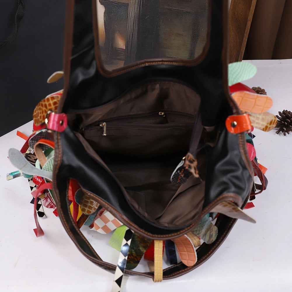 Tasseled Cowhide Tote Bag With Large Capacity And Crossbody Strap