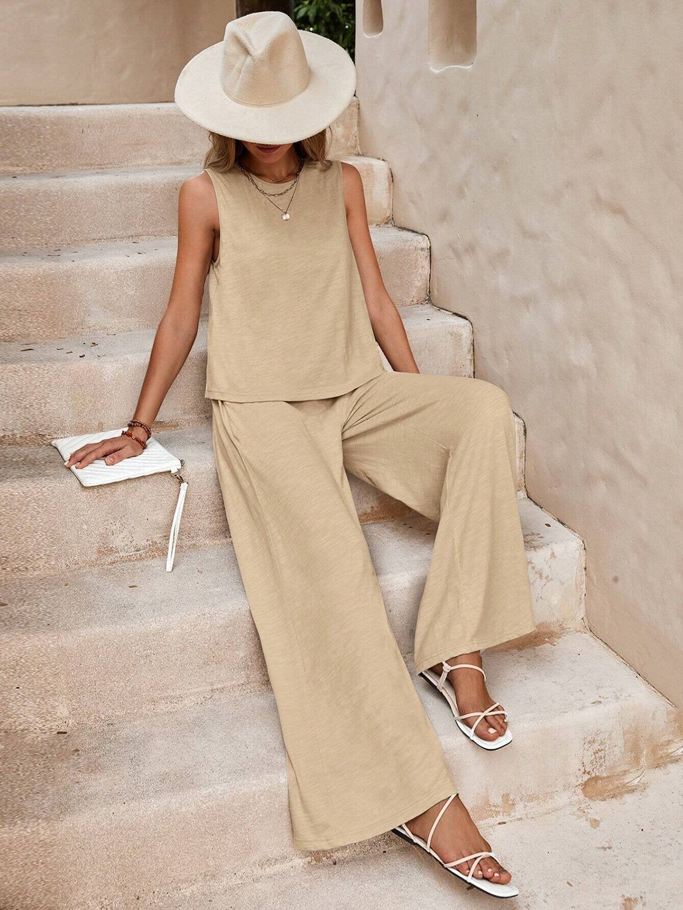 Solid Color Casual Loose Pants Sets For Women Elegant Spring Summer Women's Two Pieces Suit Full Trouser Set Female Outfit Clothes by Mirlaine Univers