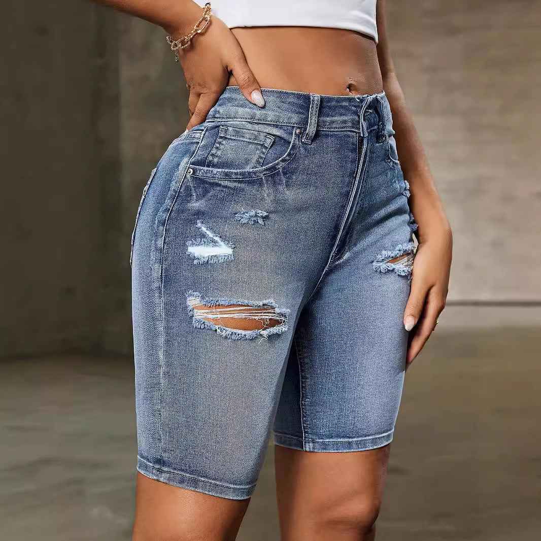 Women's Casual Denim Bermuda Shorts With Ripped Pocket