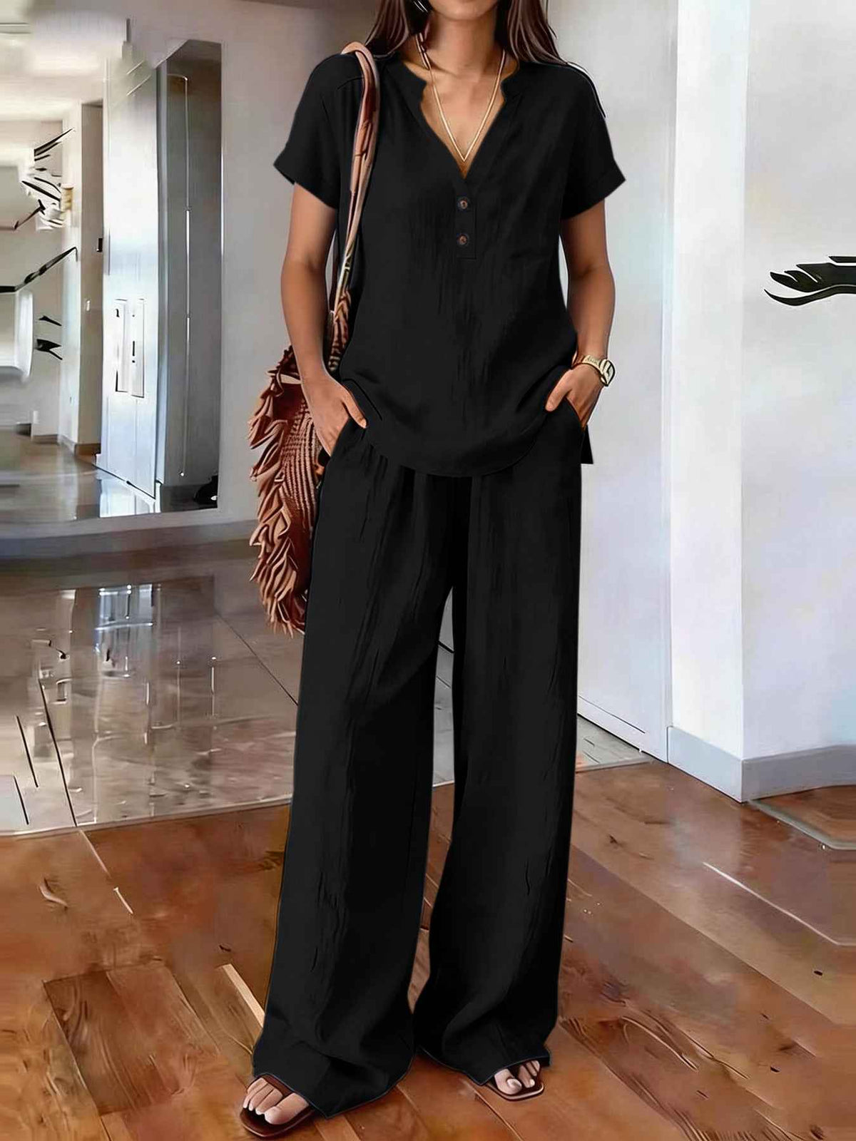 Women's Casual Solid-Colored Cotton And Linen Set