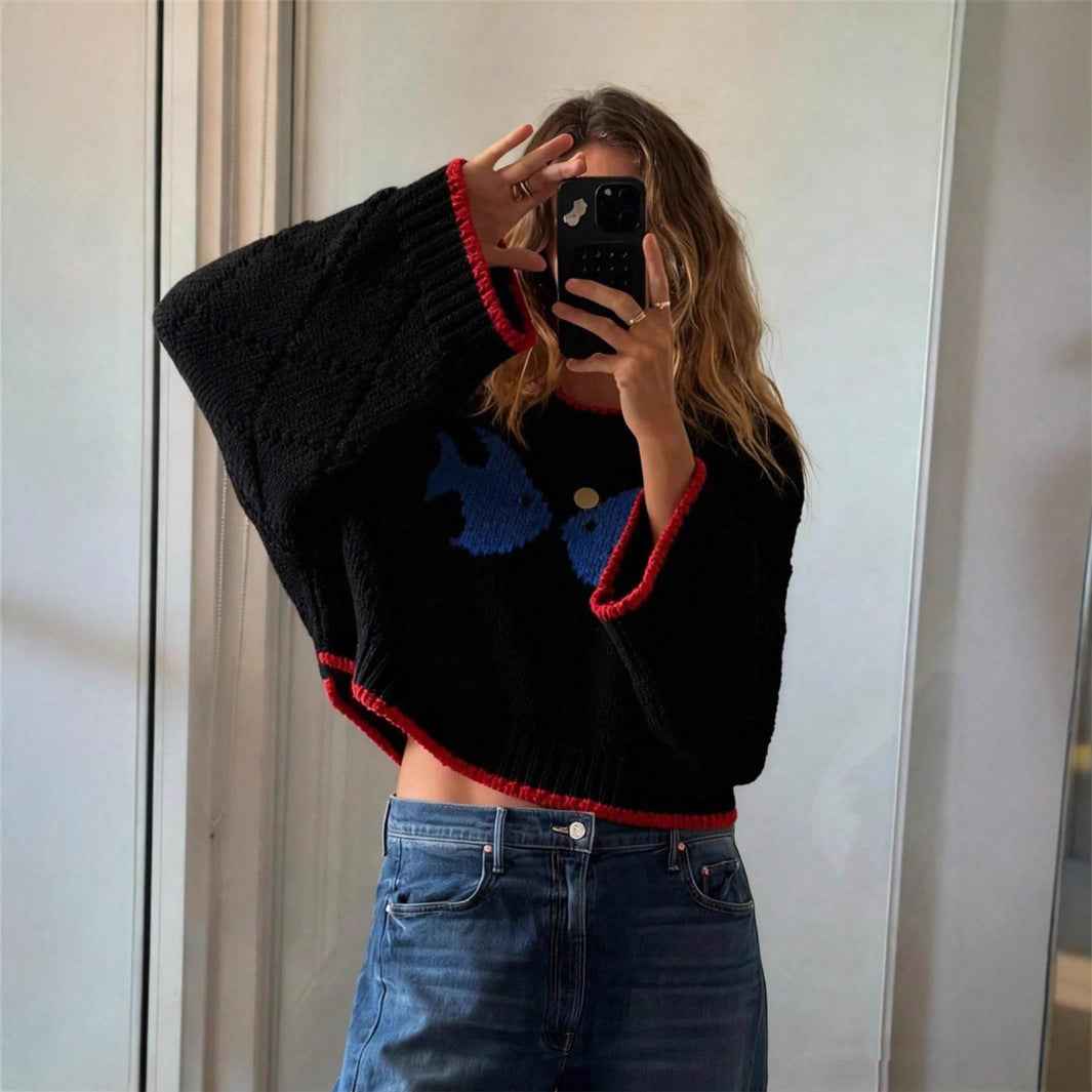 Retro Contrasting Color Jacquard Knit Loose Casual Sweater