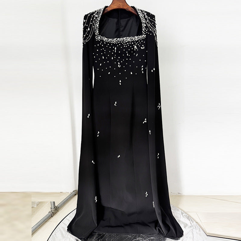Beaded Lanyard Shawl Sleeve And Floor Long Dress by Mirlaine Univers