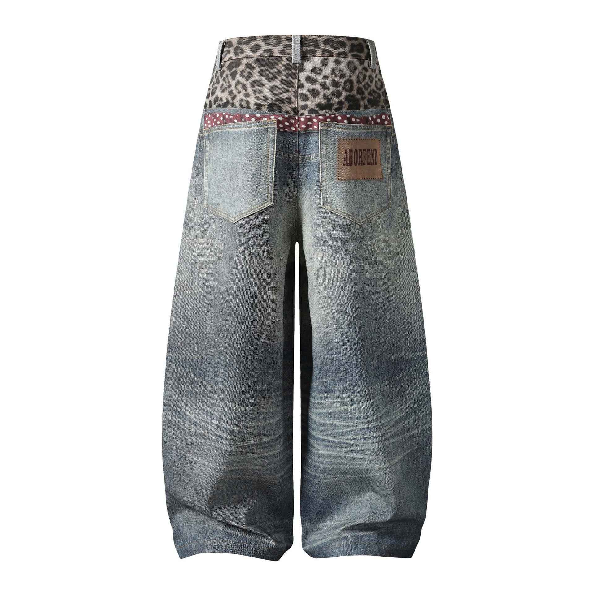 Leopard-print, Two-piece-look Washed And Distressed Denim Jeans
