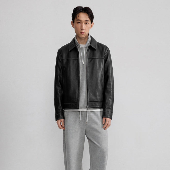 Men's Color-Block Topstitch First-Layer Cowhide Matte Lapel Oversized Leather Jacket