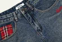 American-style Retro Plaid Patchwork Denim Shorts For Women