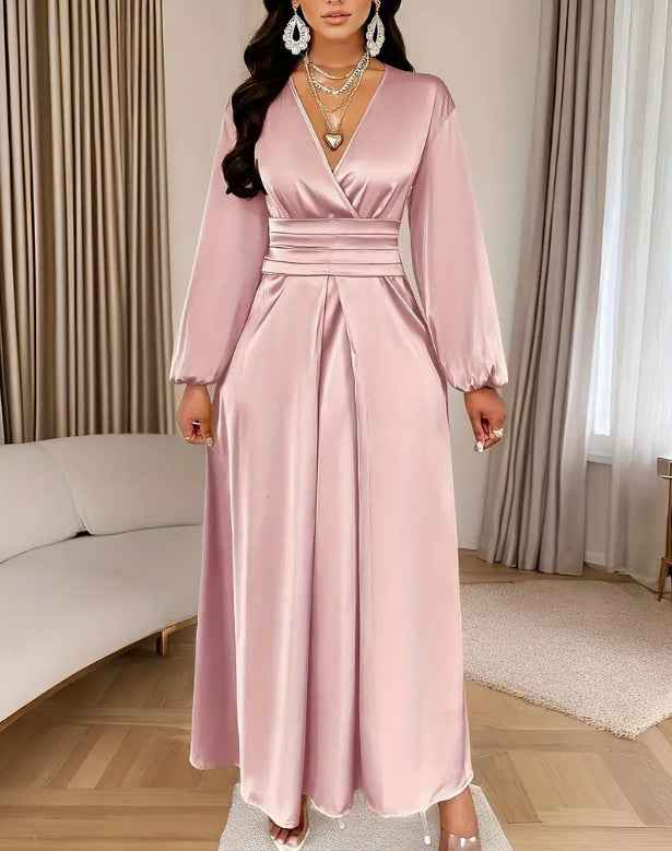Satin V-neck Waist-cinched Maxi Dress With Puff Sleeves