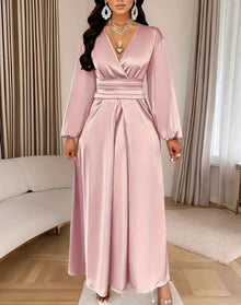 Satin V-neck Waist-cinched Maxi Dress With Puff Sleeves
