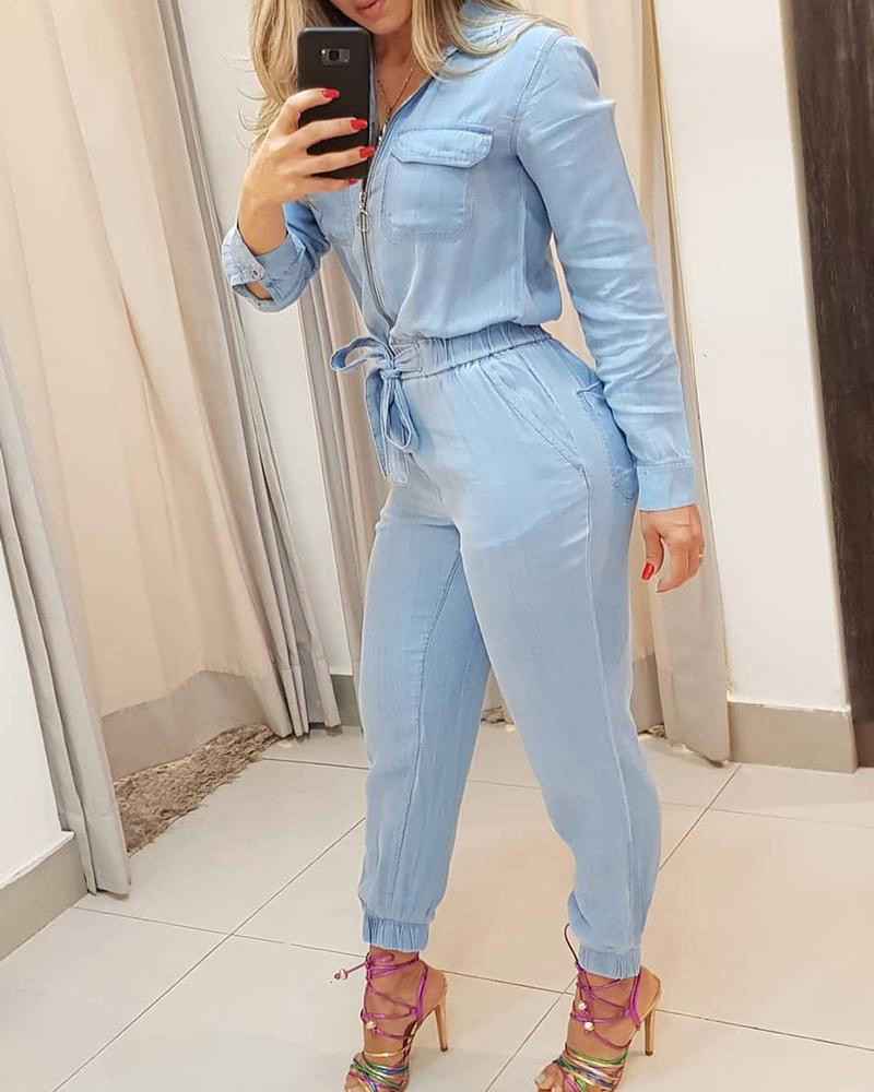 Women's New Blue Zipper One-piece Trousers
