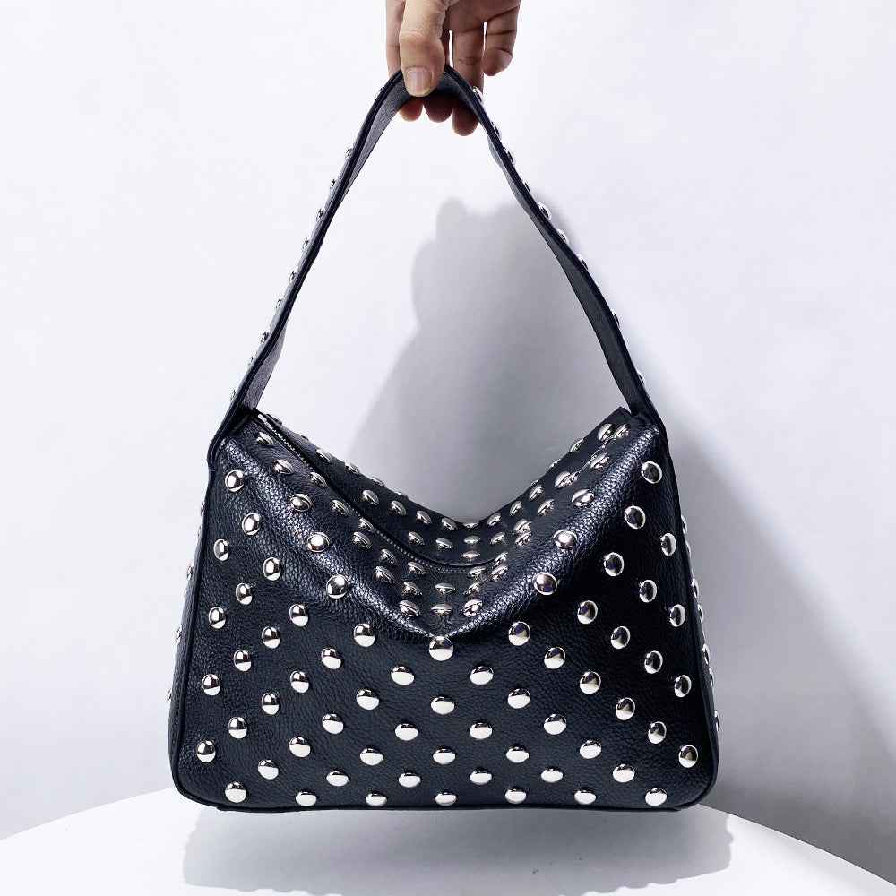 Stylish Edgy Niche Underarm Shoulder Bag With Rivet Detailing