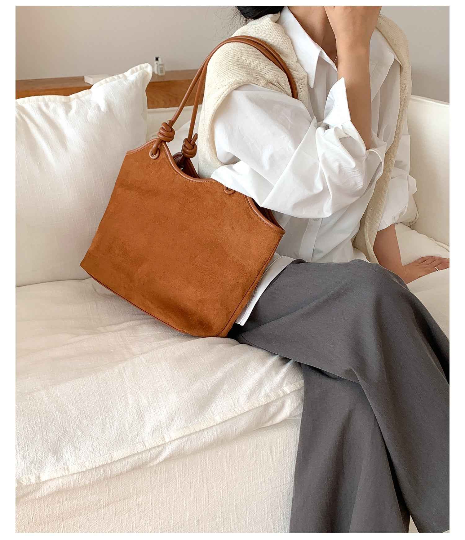 Retro Western-style Solid-color Suede-velvet Shoulder And Tote Bag For Women
