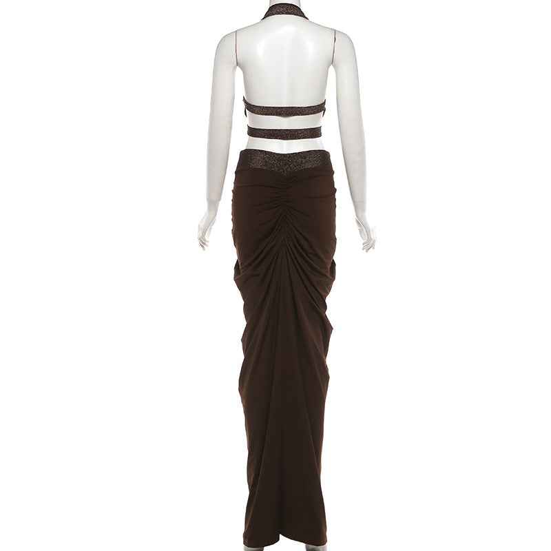 Sexy Cropped Halter Top And Pleated Bodycon Maxi Skirt Set