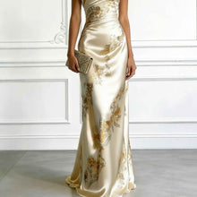 Golden Printed Off-Shoulder Slim-Fit Long Dress