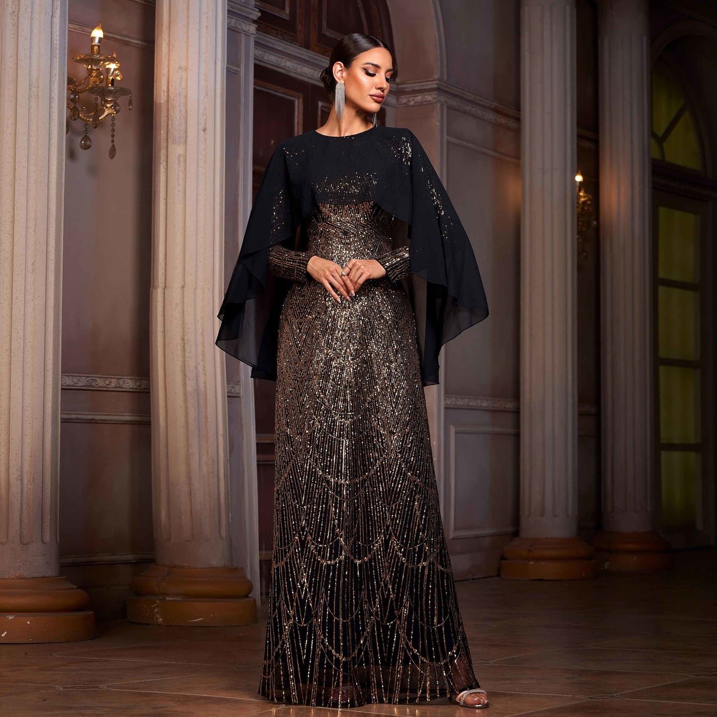 Elegant Long Sleeve Round Neck Shawl Banquet Sequined A- Line Evening Dress by Mirlaine Univers
