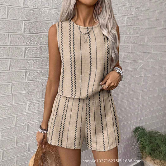 Womens Casual Striped Sleeveless Fashion Top And Shorts Two-Piece Set