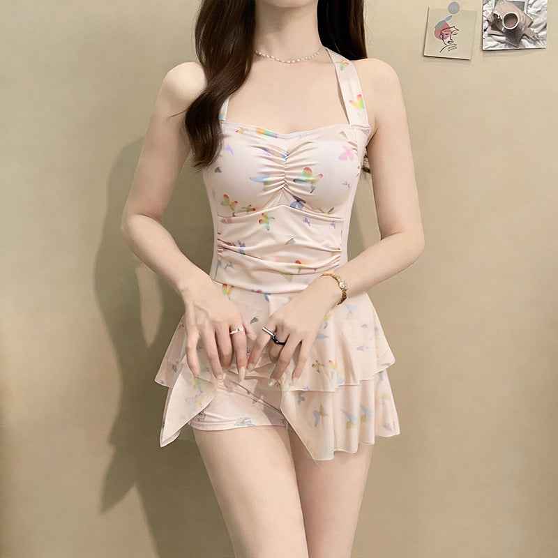 One-Piece Dress-Style Holiday Swimsuit With Butterfly Print