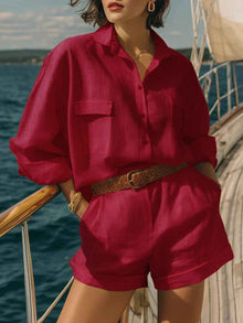 Cotton-linen Loose-fit Button-down Shirt And Shorts Fashion Casual Set