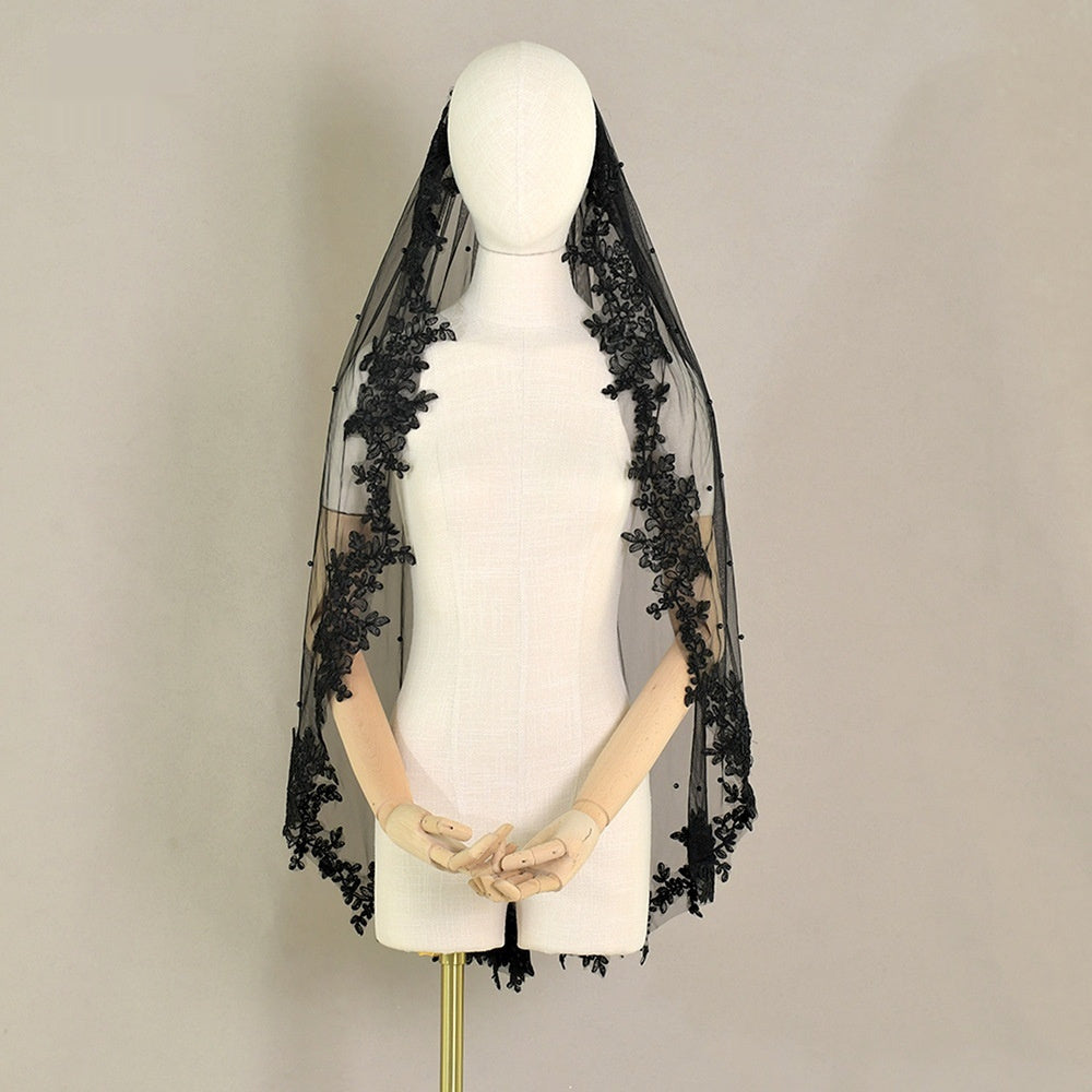 Exquisite Lace Black Veil Pearl Bridal Veil by Mirlaine Univers