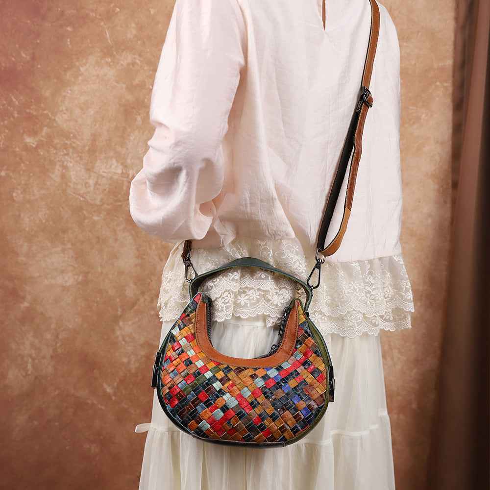 Womens Colorful Woven Full-Grain Leather Crossbody Bag In A Minimalist Style