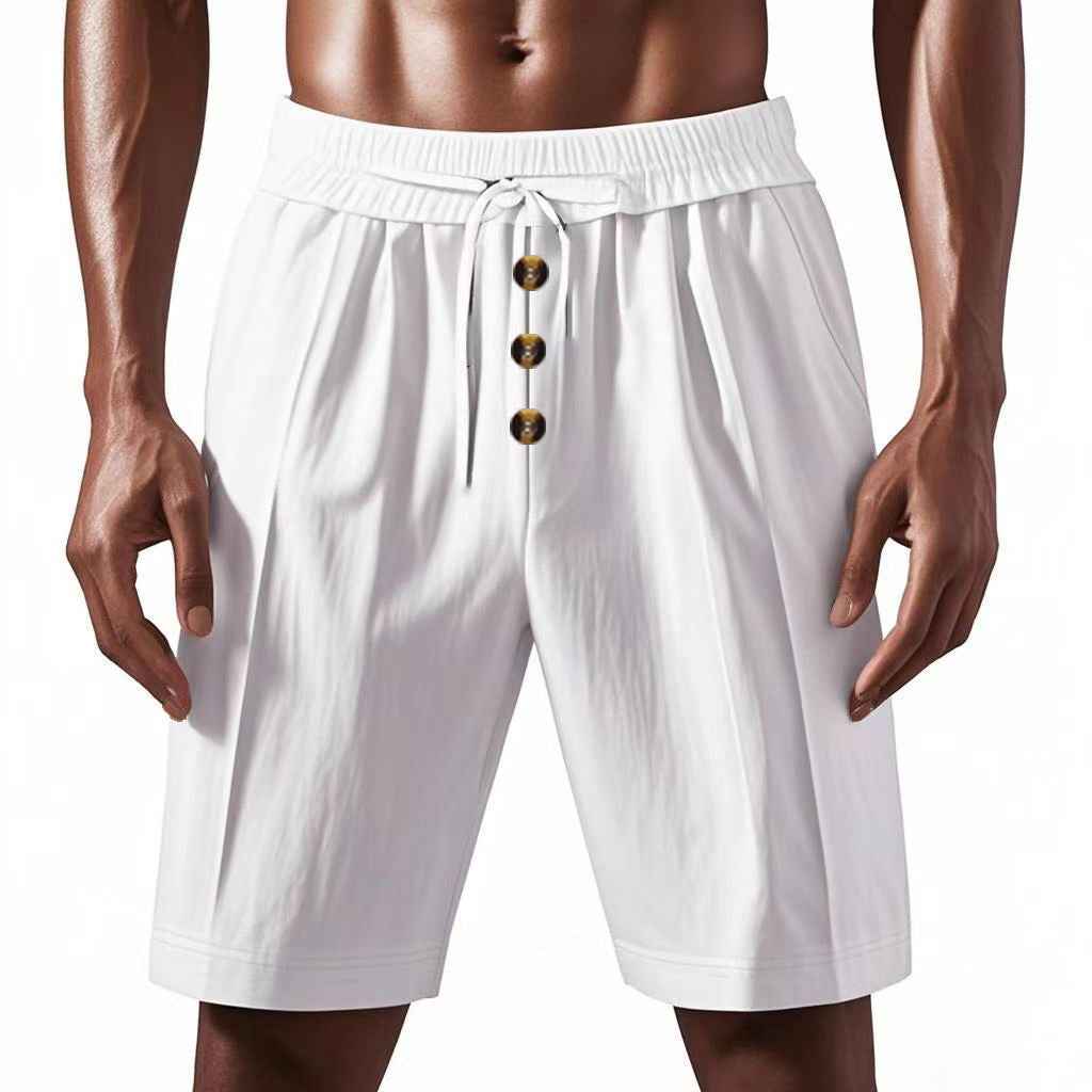 Mens Loose Linen Beach Casual Washed Button Cropped Sports Shorts