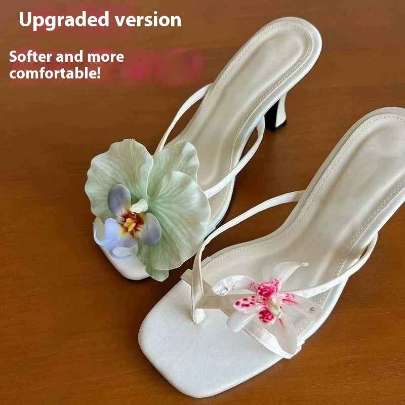 Handmade Asymmetric Flower Sandals For Women High Heel Semi-slipper