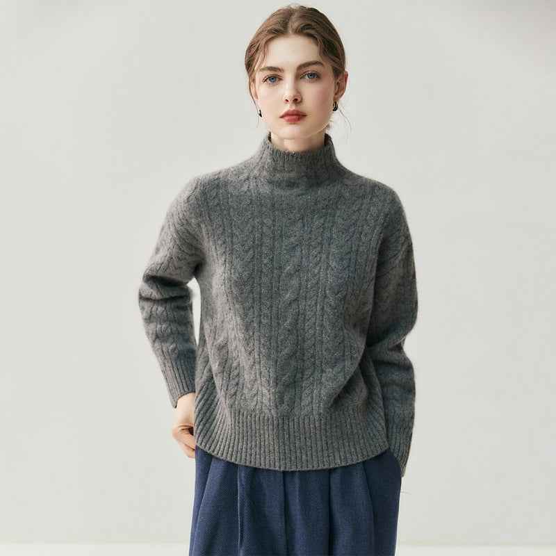 Womens Half-Turtleneck Seamed Cable-Knit Cashmere Sweater Elegant Artistic And Versatile For Any Look