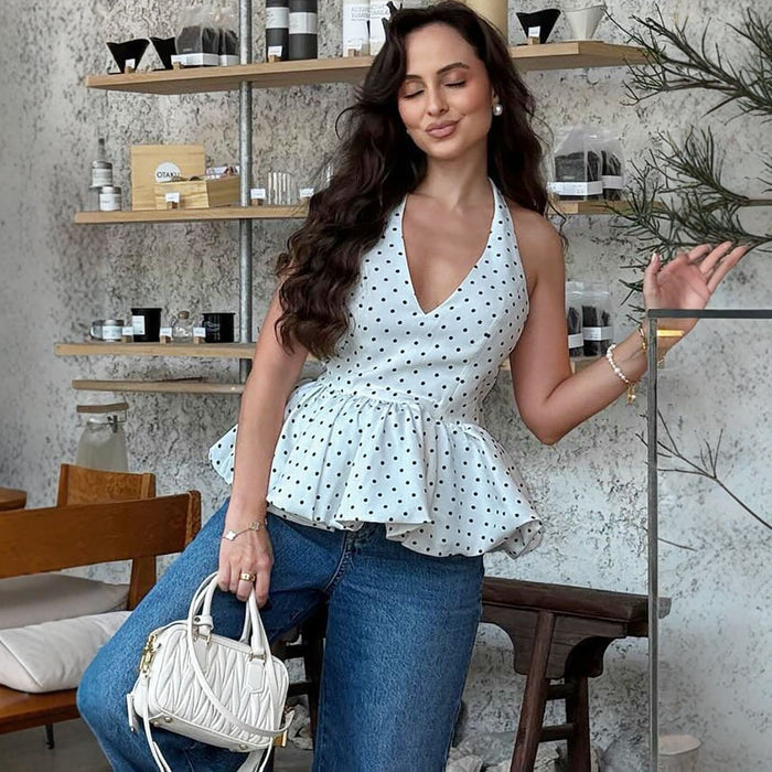 Women's Halter Top Ruffled Hem Polka Dot White