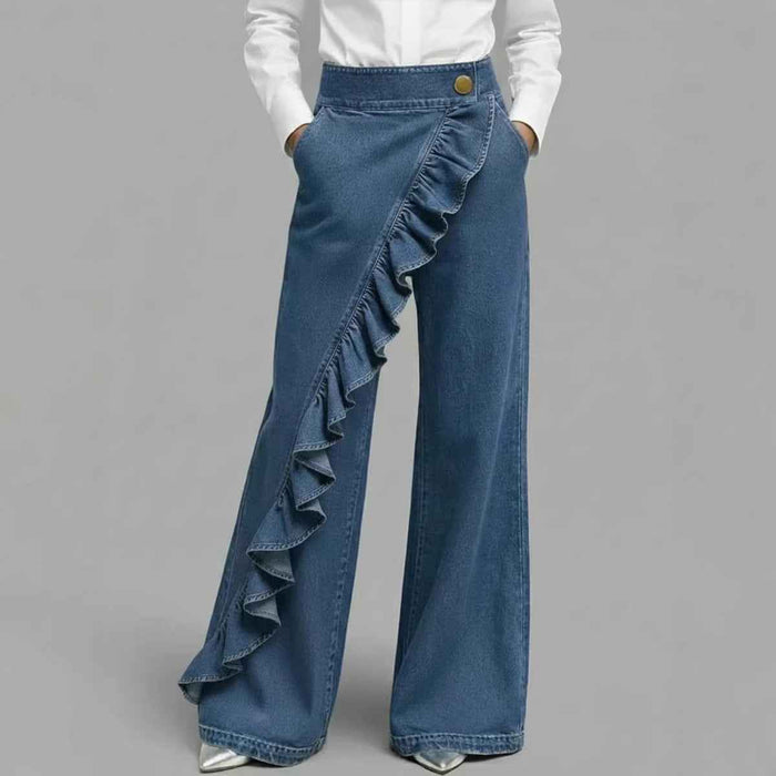 Pantalon en jean rétro à taille haute et coupe trapèze asymétrique