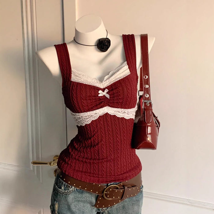 Burgundy Lace Trim Bow Womens Waistcoat Slim Fit Outerwear