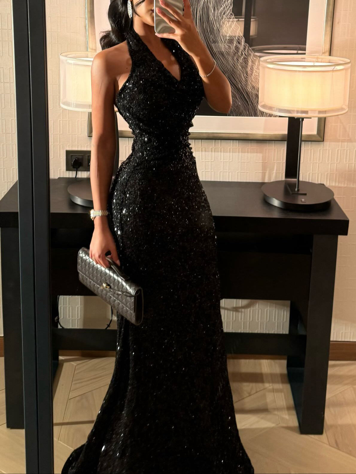 Black Sequin Halter Neck Mermaid Gown With Full Sparkle Detail by Mirlaine Univers