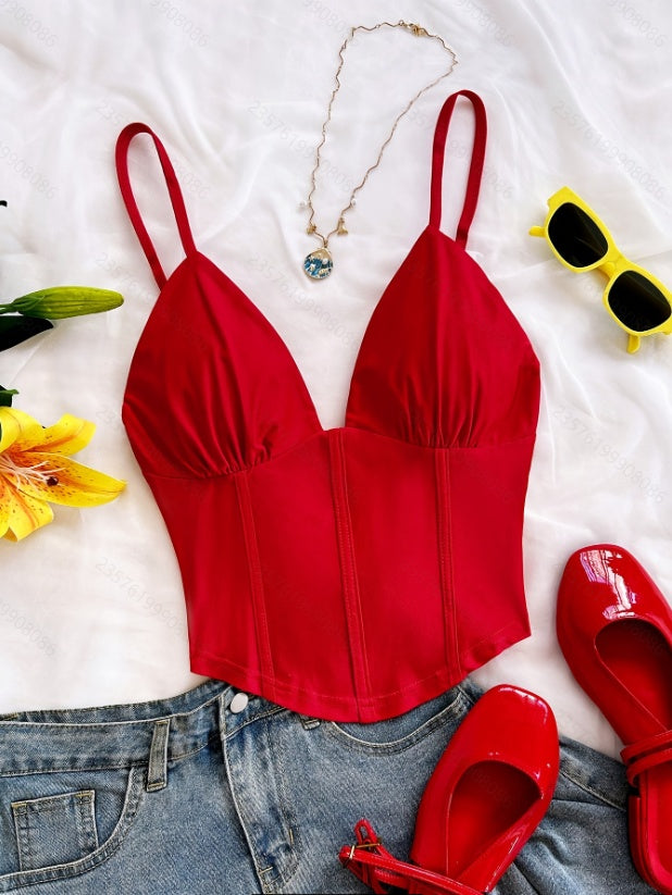 Women's Spring Summer Retro V Neck Off Shoulder Camisole Top