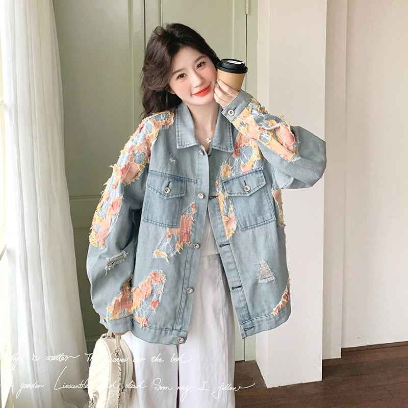 Fashionable Patchwork Distressed Short Jacket