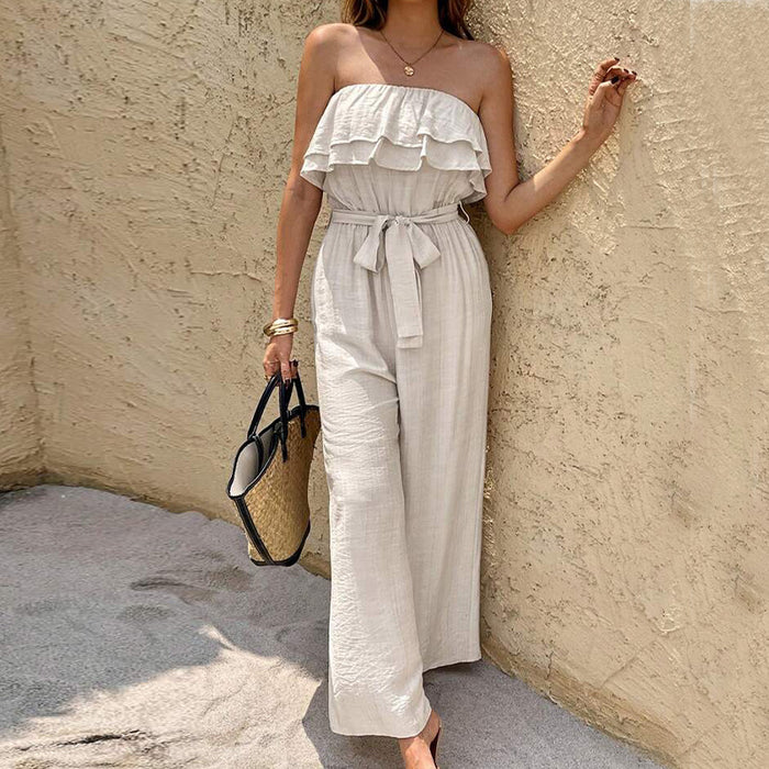 Combinaison bustier d'été pour femme sans manches à volants avec ceinture