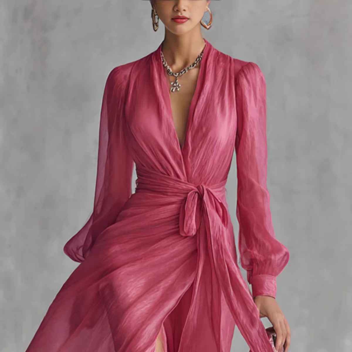 Casual Court-Style V-Neck Lace-Up Puff-Sleeve Dress