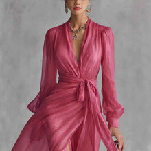 Casual Court-Style V-Neck Lace-Up Puff-Sleeve Dress