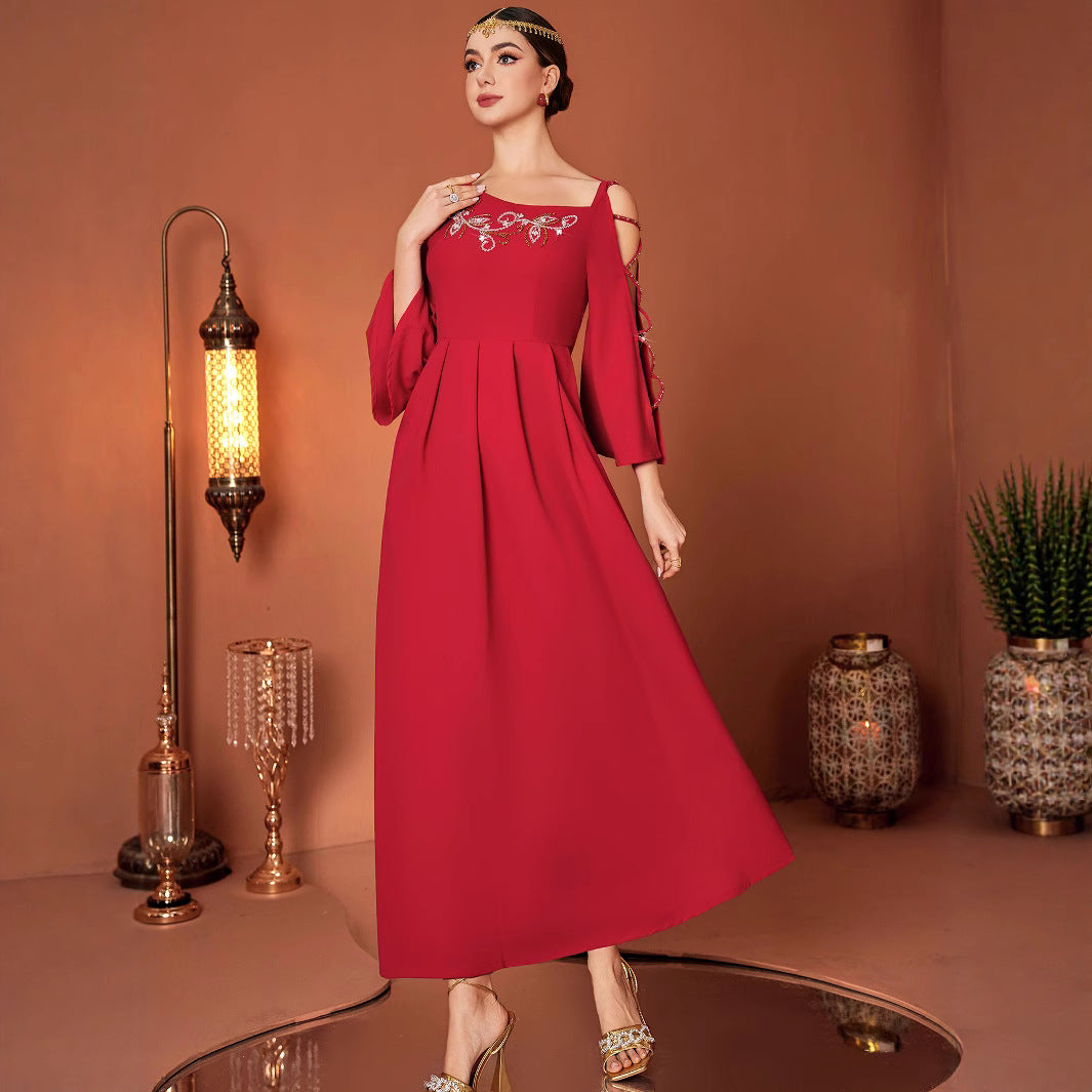 Red Designer Model Heavy Industry Hand Sewing Drill Off-the-shoulder Dress by Mirlaine Univers