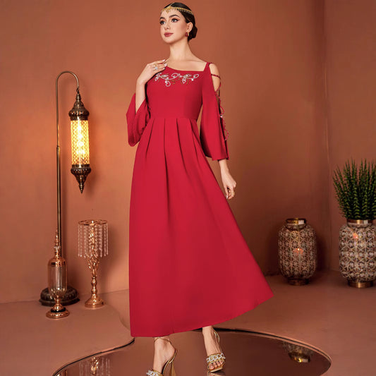 Red Designer Model Heavy Industry Hand Sewing Drill Off-the-shoulder Dress by Mirlaine Univers