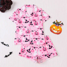Cuban Collar Halloween Pumpkin Head Women's Short Sleeve Suit