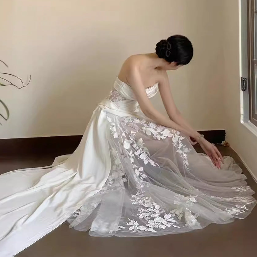 Satin Lace Wedding Veil Tube Top Fishtail Wedding Dress by Mirlaine Univers